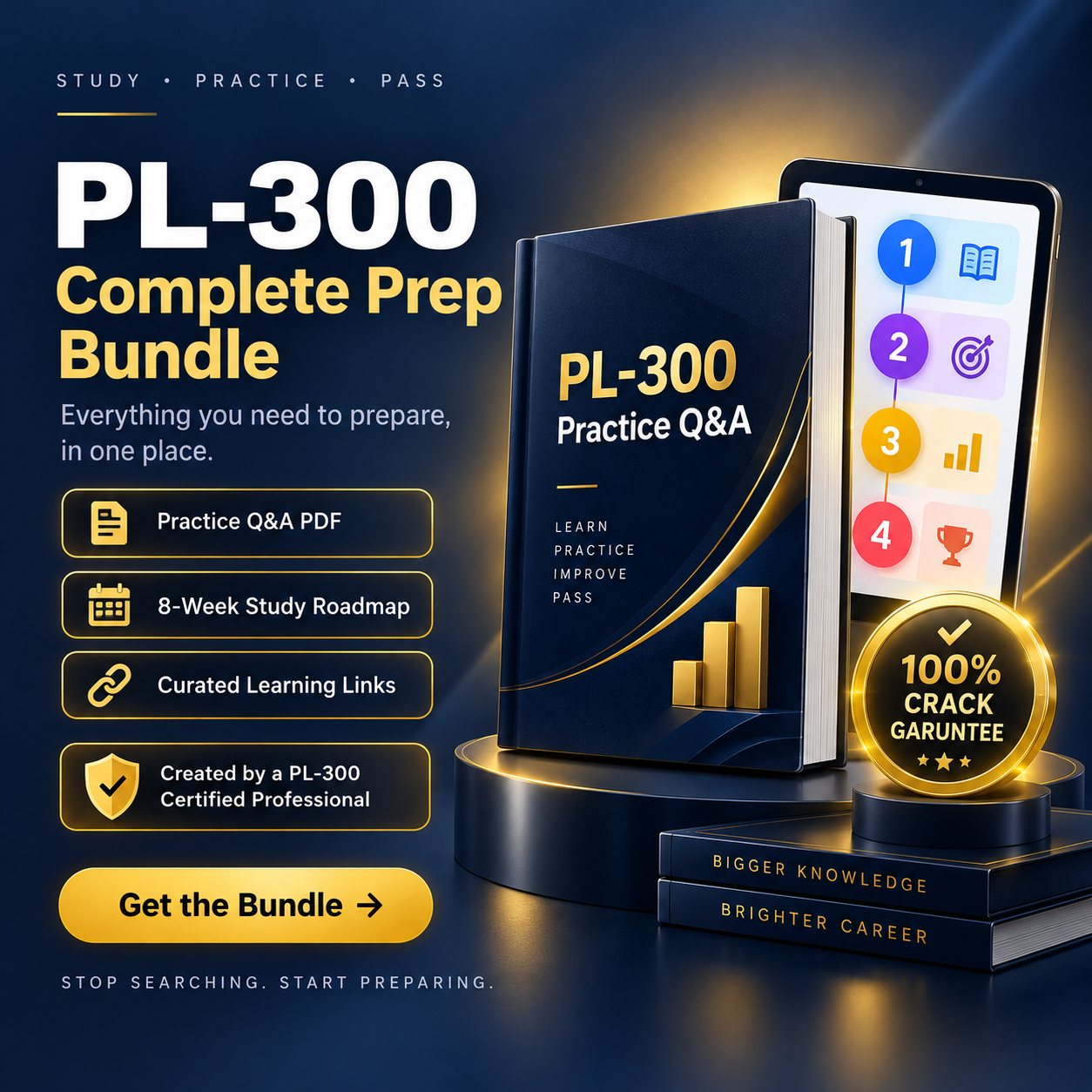 PL-300 Complete Prep Bundle — practice Q&A PDF, 8-week study roadmap and curated learning links